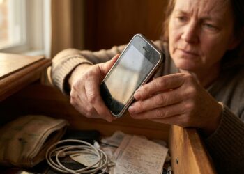 Pessoa segura um celular antigo retirado de uma gaveta com objetos guardados.