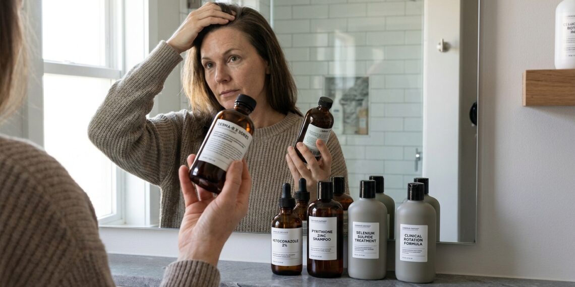 Pessoa examinando a raiz do cabelo no espelho do banheiro com frascos de shampoo dermatológico sobre a bancada.