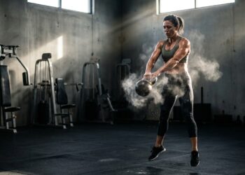 Atleta executando movimento dinâmico com peso livre em estúdio moderno de treino funcional