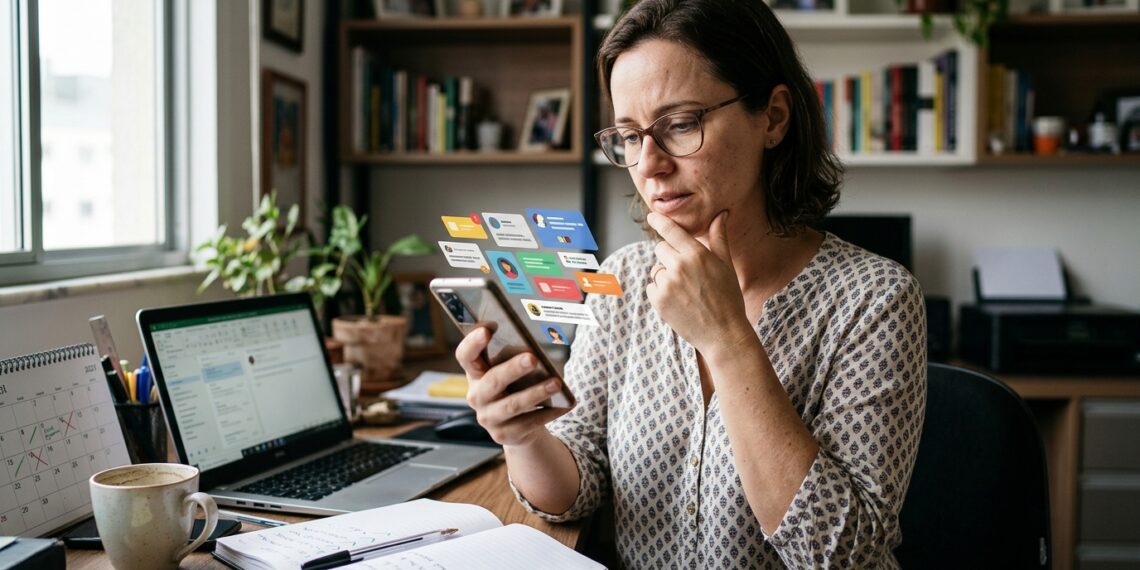 Mulher interrompe uma tarefa ao olhar notificações no celular enquanto trabalha diante de uma mesa.