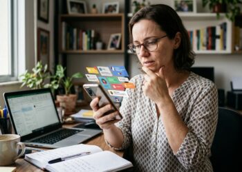 Mulher interrompe uma tarefa ao olhar notificações no celular enquanto trabalha diante de uma mesa.