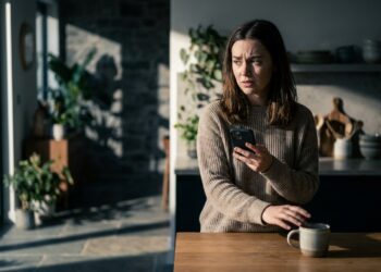Adulto hesitante segurando smartphone na cozinha iluminada antes de tomar uma decisão cotidiana