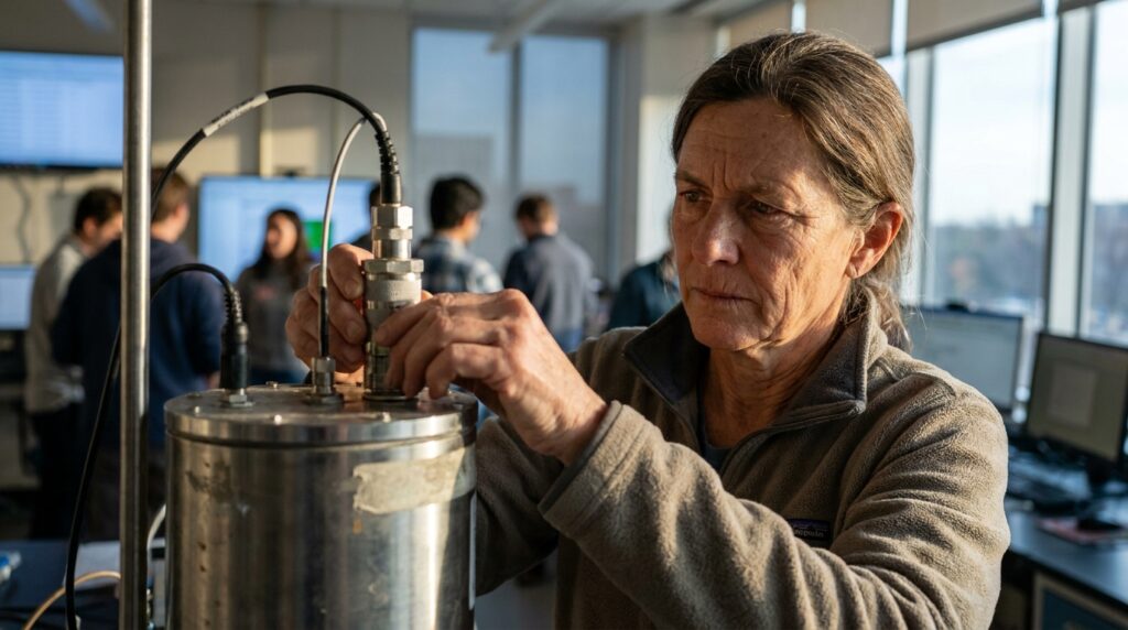 Engenheiro civil inspecionando rachaduras em pilar de concreto de edifício afetado pela subsidência do solo.
