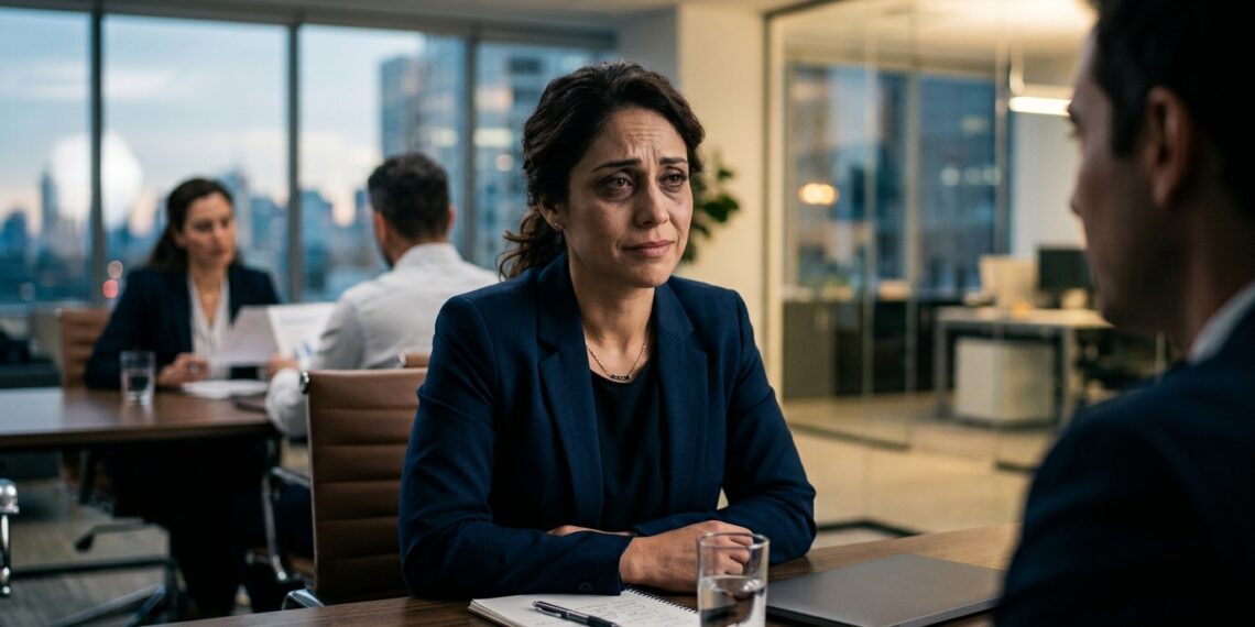 Profissional em sala de reunião corporativa mantendo sorriso contido enquanto o olhar expressa cansaço e angústia silenciosa
