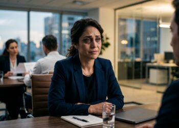 Profissional em sala de reunião corporativa mantendo sorriso contido enquanto o olhar expressa cansaço e angústia silenciosa