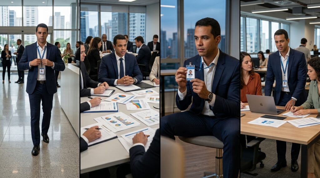 Sequência mostra profissional assumindo um papel rígido, questionando-o e retomando o trabalho de forma consciente.