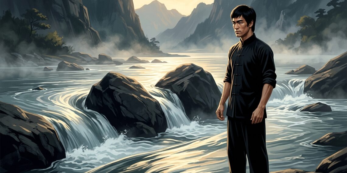 Bruce Lee observa água contornando grandes rochas em uma representação da adaptação.
