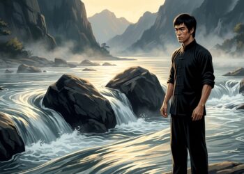 Bruce Lee observa água contornando grandes rochas em uma representação da adaptação.