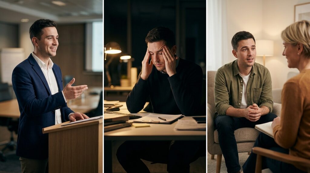 Tríptico em três painéis mostrando postura social contida no trabalho, exaustão em isolamento noturno e início do acolhimento em psicoterapia