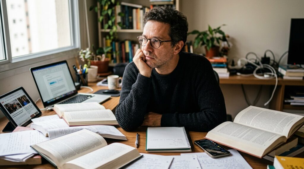 Pessoa cercada por livros e dispositivos representa o consumo de informação sem tempo suficiente para reflexão.
