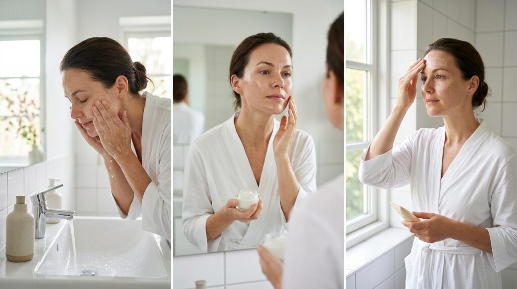 Pessoa realiza rotina simples de skincare em três etapas com limpeza, hidratação e aplicação de protetor solar.