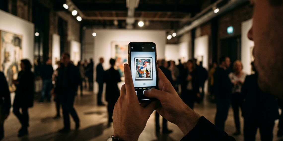 Mãos segurando smartphone para fotografar obra em galeria de arte com visitantes ao fundo