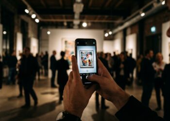 Mãos segurando smartphone para fotografar obra em galeria de arte com visitantes ao fundo