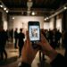 Mãos segurando smartphone para fotografar obra em galeria de arte com visitantes ao fundo