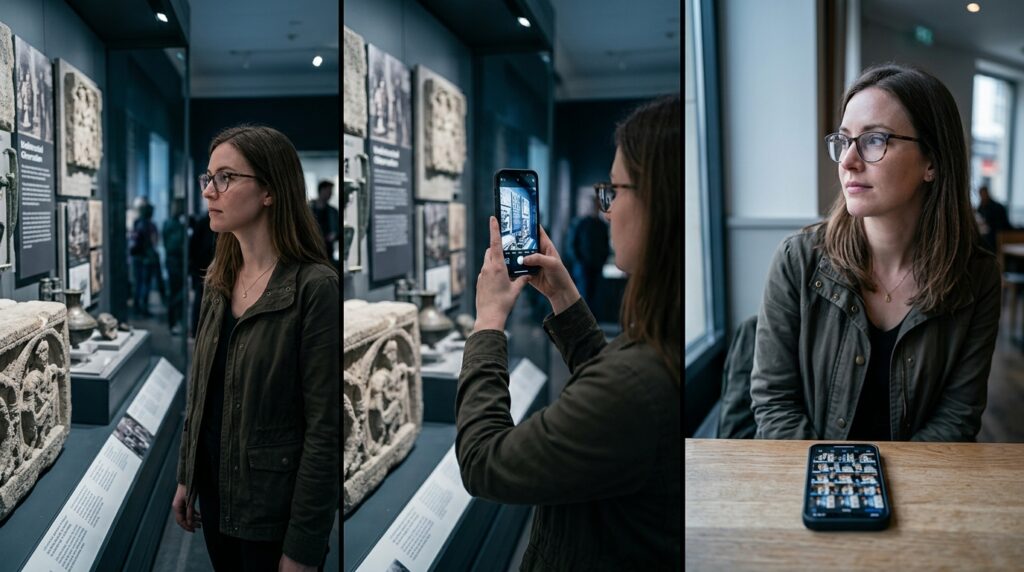 Tríptico mostrando observação direta de cena, uso de celular para fotografar e tela com fotos salvas