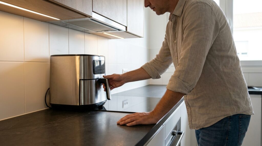 Encostar a air fryer na parede durante o uso pode bloquear a sa&iacute;da de ar quente e aumentar o aquecimento ao redor do aparelho