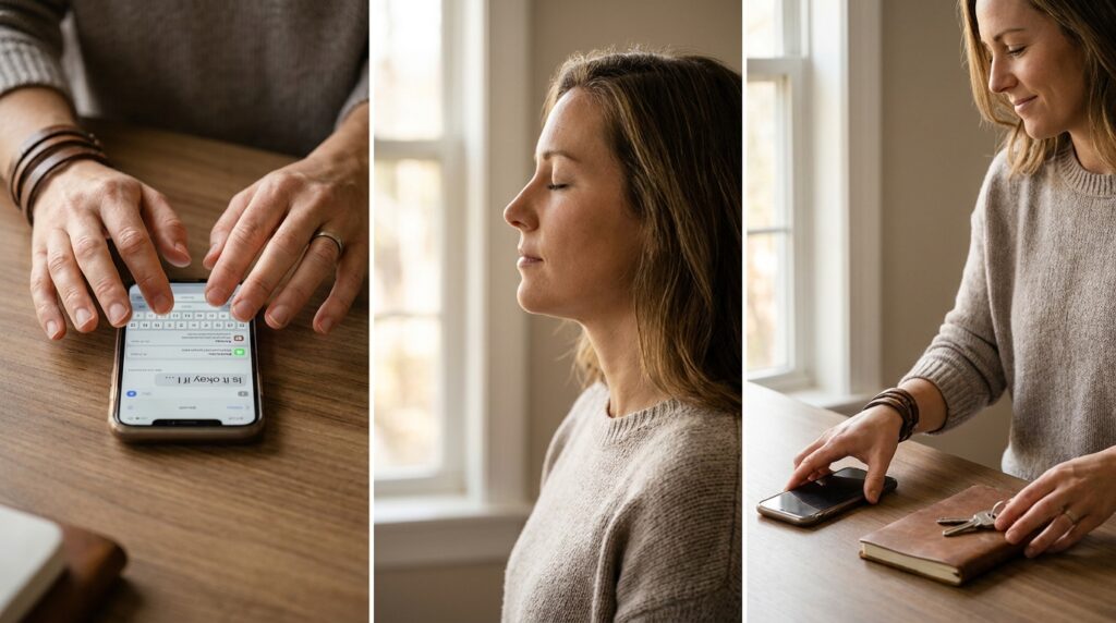 Painel em três etapas mostrando pessoa contendo impulso de pedir aprovação no celular, respirando fundo e tomando iniciativa própria