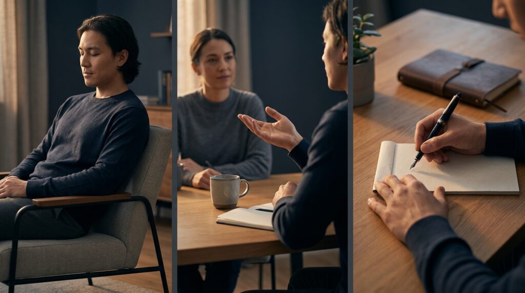 Composição em três painéis verticais demonstrando uma pessoa meditando, conversando com serenidade e escrevendo à mesa.