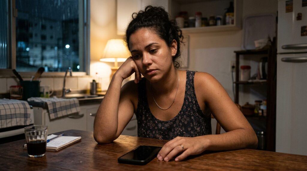 Pessoa observa o celular durante a noite enquanto hesita antes de agir por impulso em uma situação amorosa.