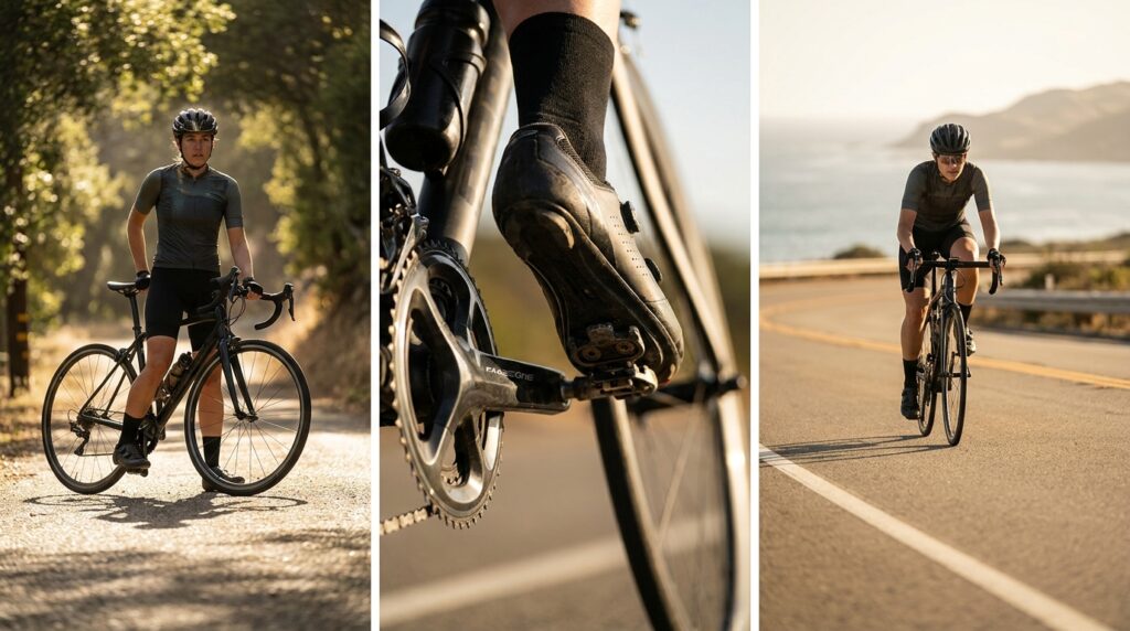 Três painéis verticais mostrando a transição da inércia estática para a pedalada e o movimento fluido