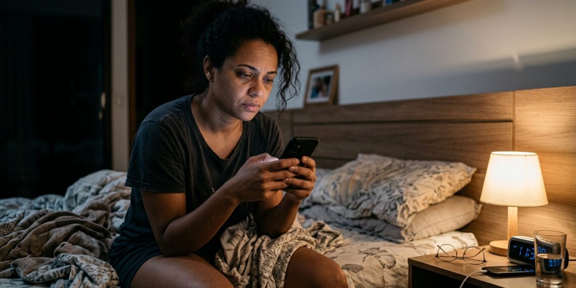Pessoa cansada continua rolando o celular na cama mesmo depois de se preparar para dormir.