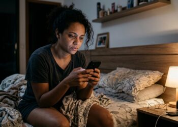 Pessoa cansada continua rolando o celular na cama mesmo depois de se preparar para dormir.