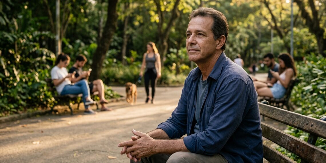 Adulto sentado tranquilamente em banco de praça sem usar celular enquanto outras pessoas consultam smartphones ao fundo.