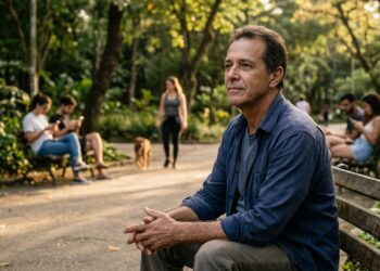 Adulto sentado tranquilamente em banco de praça sem usar celular enquanto outras pessoas consultam smartphones ao fundo.