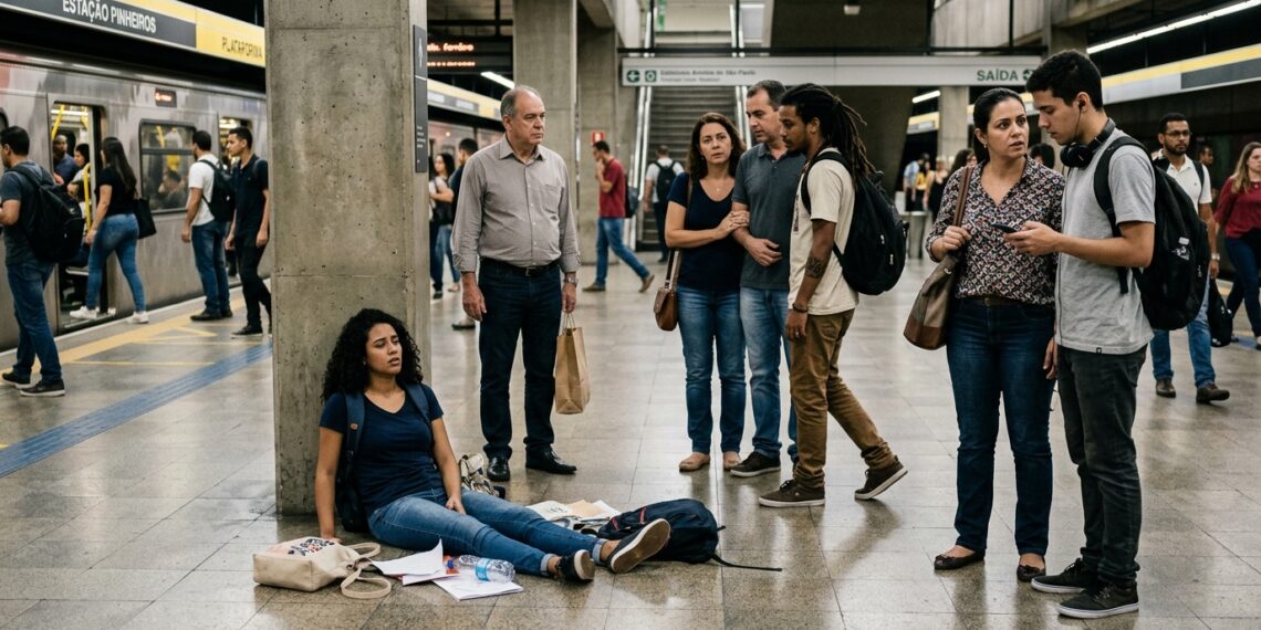 Passageiros percebem uma pessoa que precisa de ajuda enquanto observam a reação das outras testemunhas.