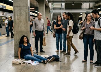 Passageiros percebem uma pessoa que precisa de ajuda enquanto observam a reação das outras testemunhas.