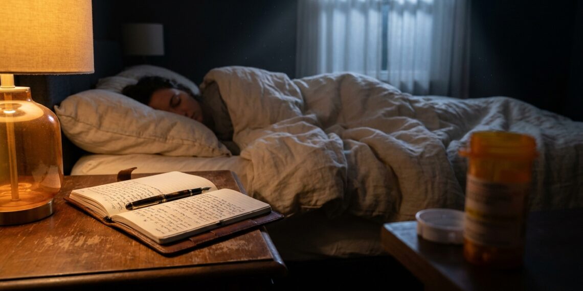 Frasco de remédio para dormir afastado sobre mesa de cabeceira, com diário de sono aberto sob iluminação quente em quarto escuro.
