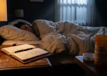 Frasco de remédio para dormir afastado sobre mesa de cabeceira, com diário de sono aberto sob iluminação quente em quarto escuro.
