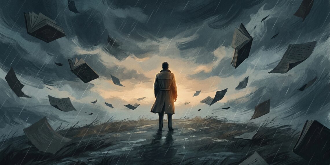 Ilustração mostra uma pessoa serena em meio a uma tempestade, simbolizando a escolha da atitude diante das circunstâncias.