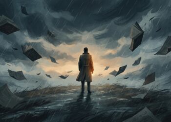 Ilustração mostra uma pessoa serena em meio a uma tempestade, simbolizando a escolha da atitude diante das circunstâncias.