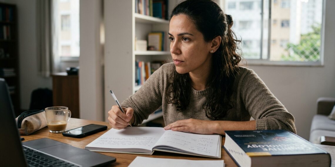 Pessoa tenta formular uma resposta sozinha antes de consultar o livro durante uma sessão de estudos.