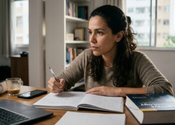 Pessoa tenta formular uma resposta sozinha antes de consultar o livro durante uma sessão de estudos.