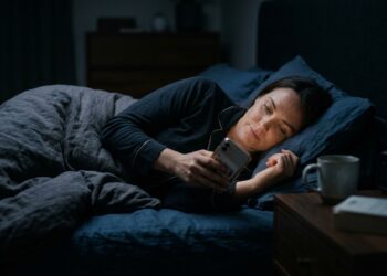 Pessoa usa o celular na cama durante a noite pouco antes do horário de dormir.