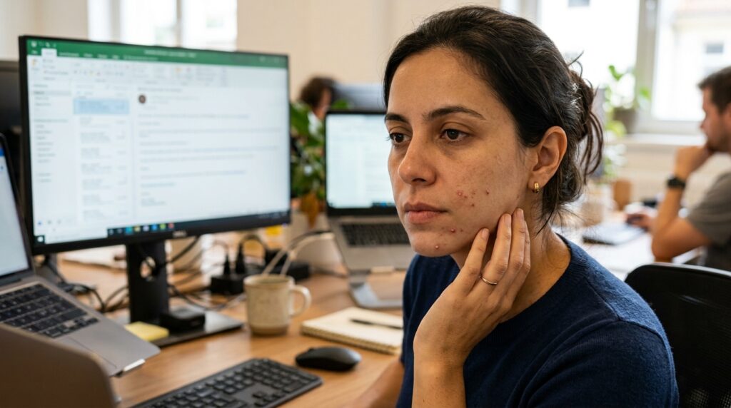 Adulto com acne no queixo e nas bochechas trabalha sentado diante do computador.