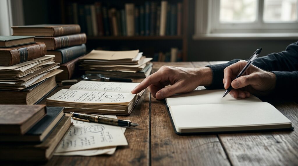 Livros, anotações e uma página vazia representam o contraste entre estudo fundamentado e opinião sem base.