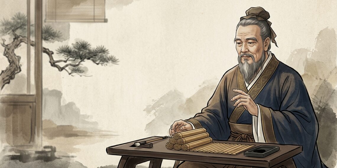 Ilustração editorial de Confúcio em vestes tradicionais com expressão reflexiva ao lado de pergaminhos de bambu.