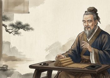 Ilustração editorial de Confúcio em vestes tradicionais com expressão reflexiva ao lado de pergaminhos de bambu.