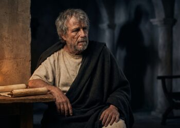Sêneca reflete sozinho enquanto sombras representam medos ainda não concretizados.