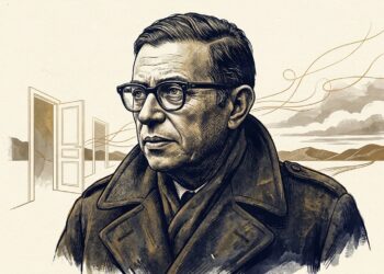 Ilustração editorial de Jean-Paul Sartre usando óculos característicos e casaco de lã sobre fundo texturizado em azul-marinho e sépia
