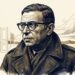 Ilustração editorial de Jean-Paul Sartre usando óculos característicos e casaco de lã sobre fundo texturizado em azul-marinho e sépia