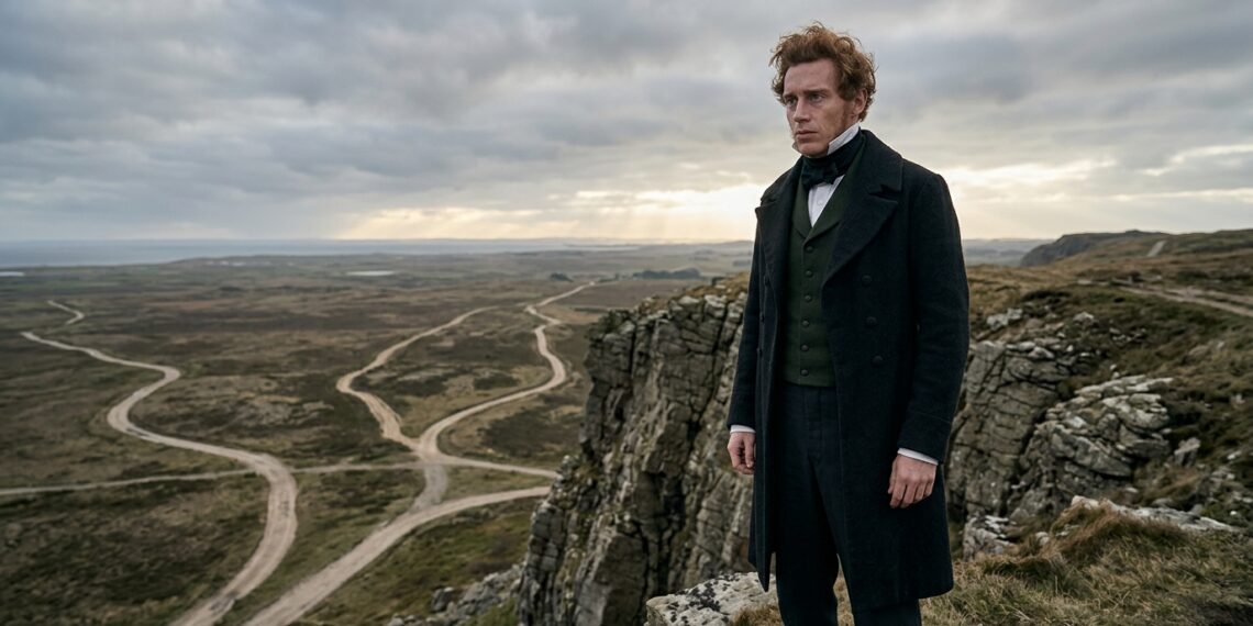 Representação de Søren Kierkegaard diante de uma paisagem com diferentes caminhos e um abismo ao fundo.