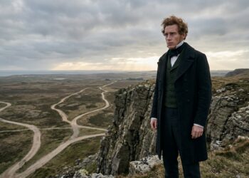 Representação de Søren Kierkegaard diante de uma paisagem com diferentes caminhos e um abismo ao fundo.
