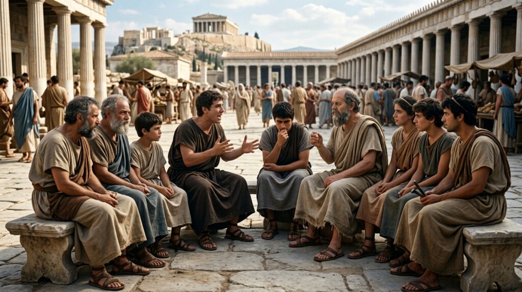Sócrates permanece em reflexão após um diálogo na antiga Atenas.