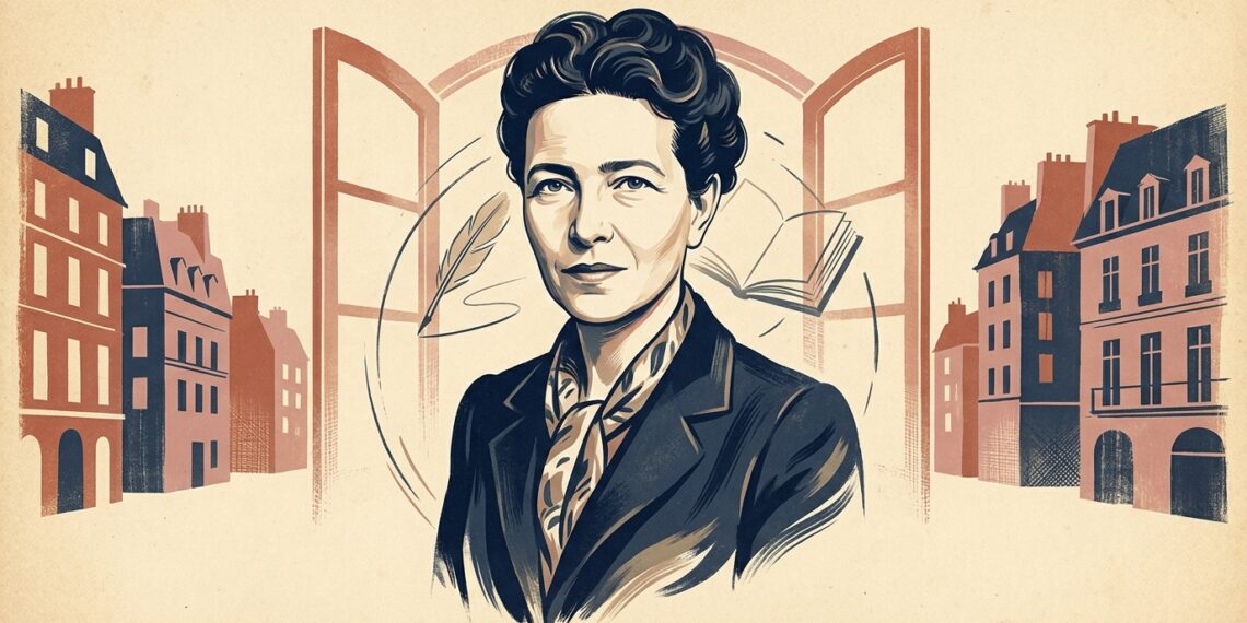 Ilustração editorial de Simone de Beauvoir em postura reflexiva com paleta em tons de azul-marinho e terracota