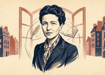 Ilustração editorial de Simone de Beauvoir em postura reflexiva com paleta em tons de azul-marinho e terracota