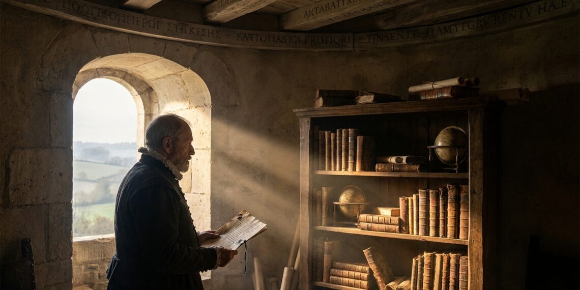 Michel de Montaigne observando a paisagem através da janela de pedra em sua biblioteca renascentista de carvalho.